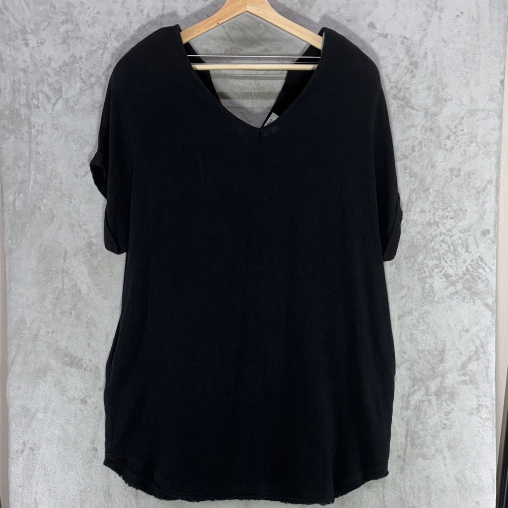 Umgee Linen Blend Tunic Swim Coverup Frayed Hem V Neck Dress w/Pockets Size S